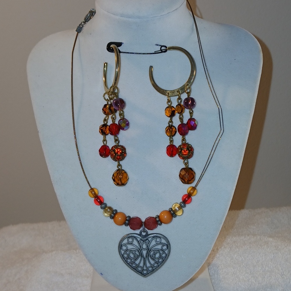 Boho Heart Pendant Necklace with Dangle Bead Earrings - Orange & Red - Picture 4 of 5